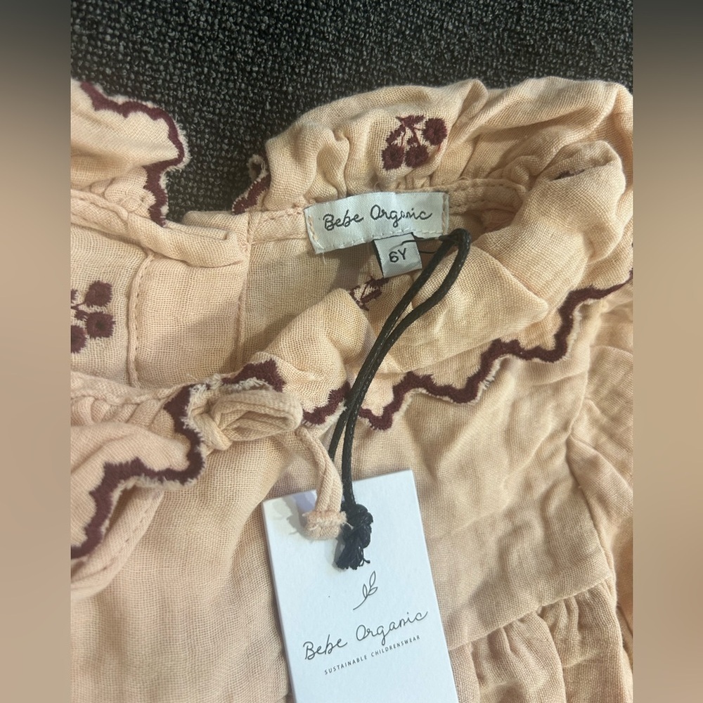 NWT Girls Beige Embroidered Cotton Dress with Ruffled Collar - Picture 9 of 12